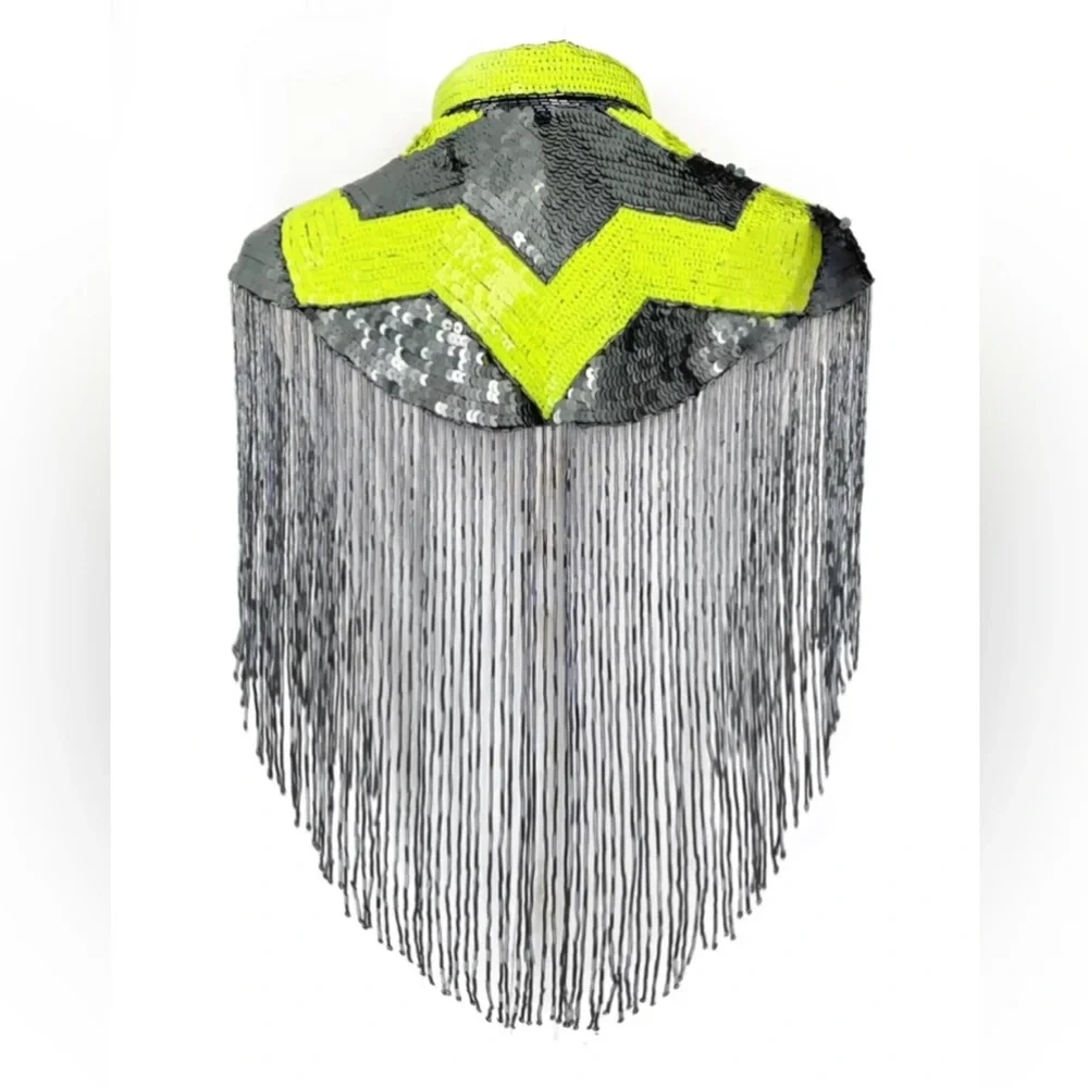Neon and Gunmetal Geometric Design Hand Beaded Fringe Cape - Picture 2 of 2